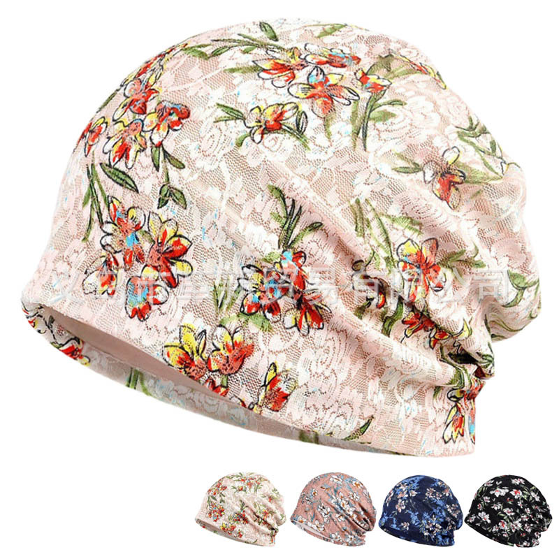 春夏季薄款遮白发帽子女花朵月子帽镂空透气堆堆帽术后蕾丝包头帽
