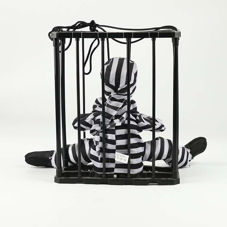 万圣节鬼屋恐怖道具整蛊玩具红外感应发光发声牢笼死囚犯吊鬼批发