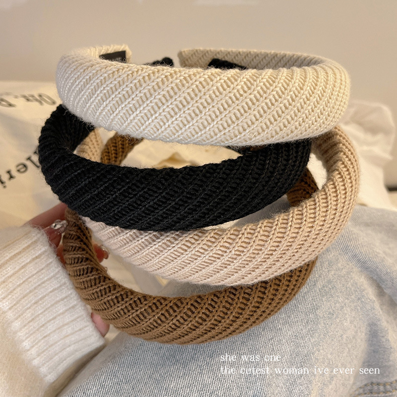 Milk Coffee Color Wool Knitted Headband Women‘s High Sense Washing Face Hair Band Early Autumn High Skull Top Hairpin All-Match out Headband