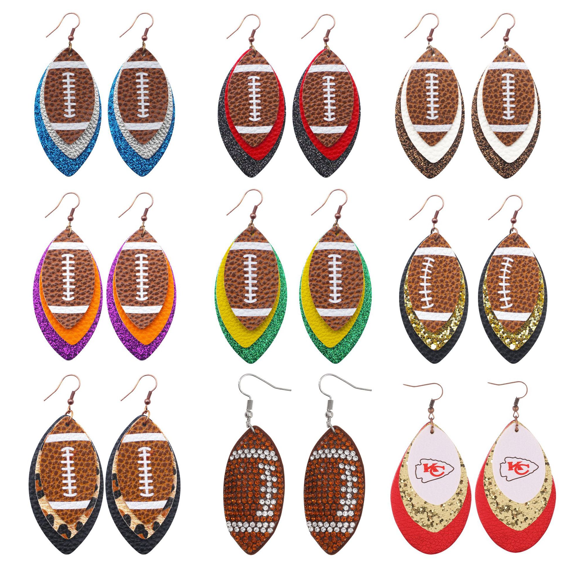 Sports Style Rugby Brown Leopard Print Leaves Three-Layer Leather Spot Drill Rugby Earrings Europe and America Cross Border Amazon