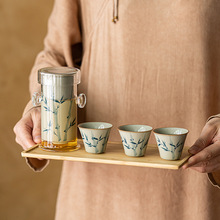 釉下彩草木灰手绘竹子茶水分离器玻璃红茶泡一壶三杯茶具套装