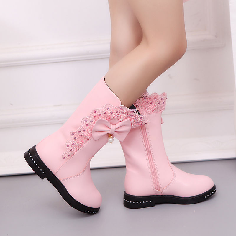 女童长筒靴2023冬季新款女孩高筒靴儿童加绒马丁靴中大童公主包邮