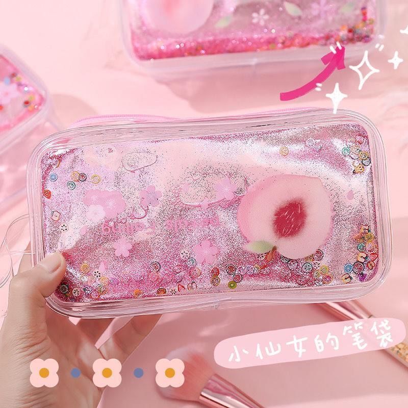 Creative Cute Cartoon Oil Transparent Quicksand Pencil Case Avocado Large Capacity Pen Case INS Style Portable Cosmetic Bag