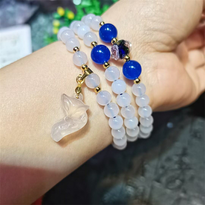 冰种白玉髓手链色泽水润漂亮搭配狐狸望夫石饰品女生小清新款