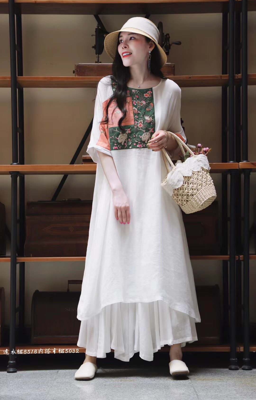 重工刺绣复古中国风纯亚麻拼接连衣裙2021时尚个性慵懒风中长裙子