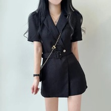 韩国chic夏季新款中长款西装领短袖连衣裙女设计感小众收腰短裙