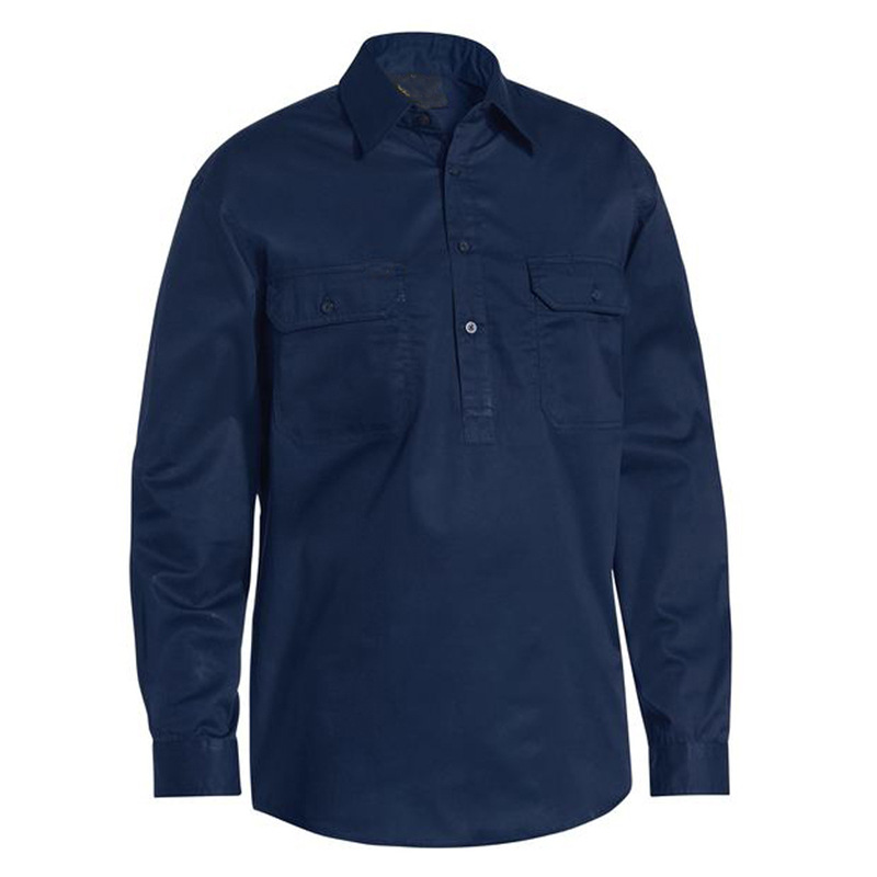 纯棉免烫衬衫工厂出口长袖男上衣防皱带扣蓝领刺绣工装车间工作服