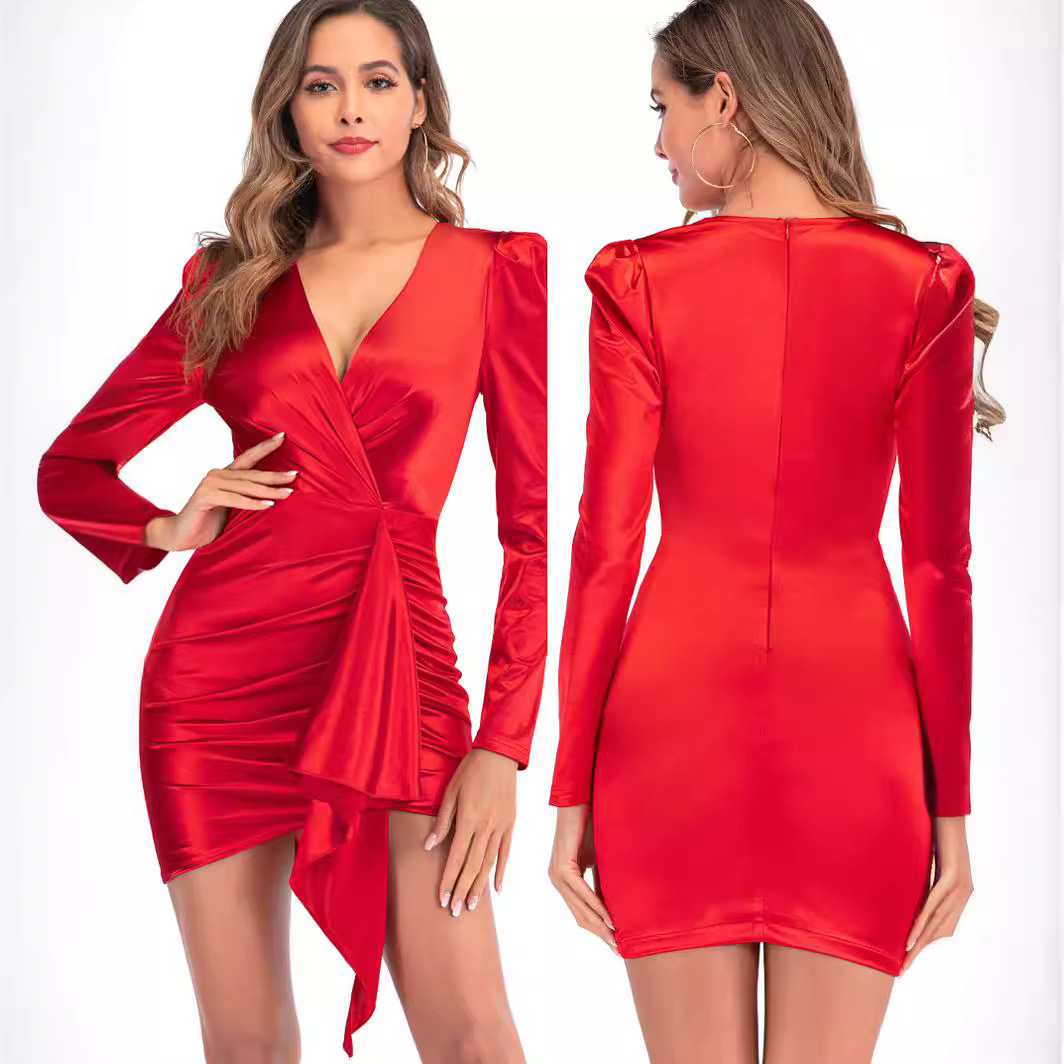 速卖通亚马逊新爆款欧美外贸女装春秋长袖性感V领派对红色连衣裙