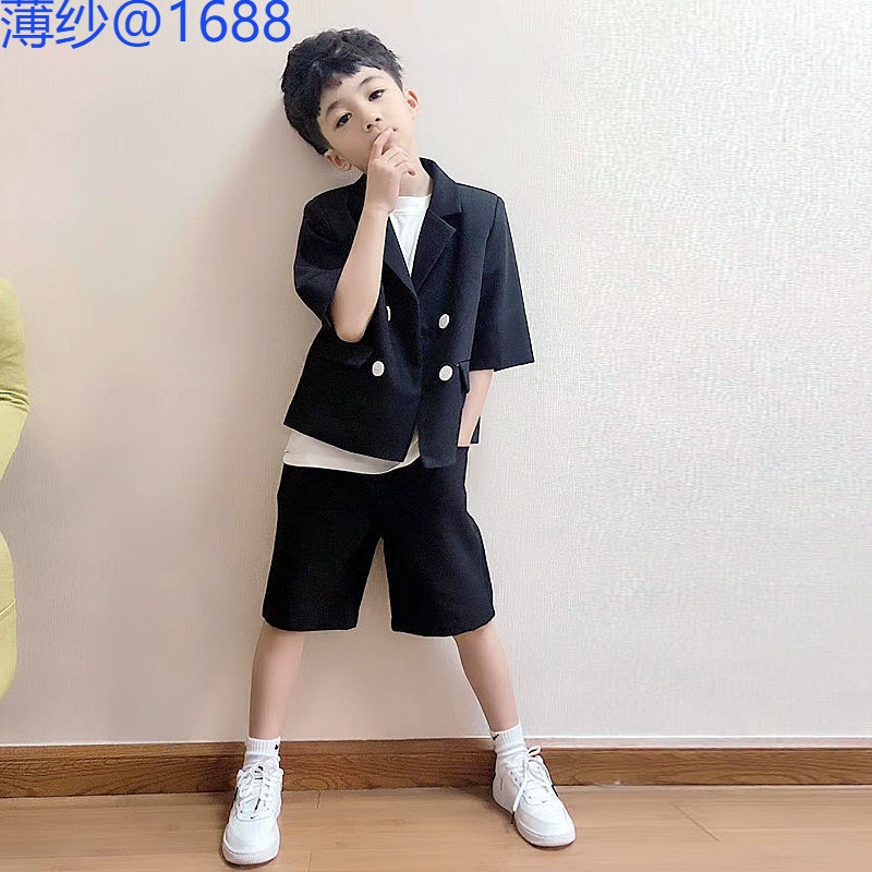 童装男童双排扣西装套装夏儿童小西服花童演出男孩帅气礼服三件套