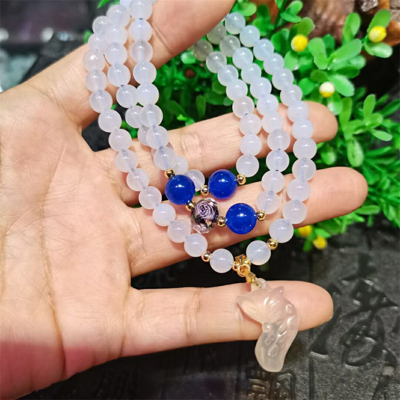 冰种白玉髓手链色泽水润漂亮搭配狐狸望夫石饰品女生小清新款