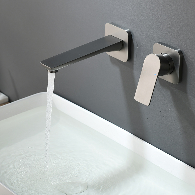 枪灰轻奢暗装面盆龙头冷热全铜嵌入式洗脸台上墙出水龙头