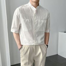 夏季韩版修身立领半袖5五分短袖衬衫男生潮流棉料中袖衬衣男