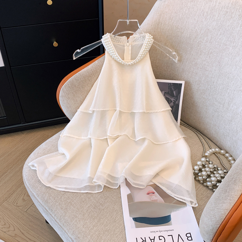 外穿珍珠挂脖小背心女夏装法式杏色荷叶边雪纺衫无袖短款显瘦上衣