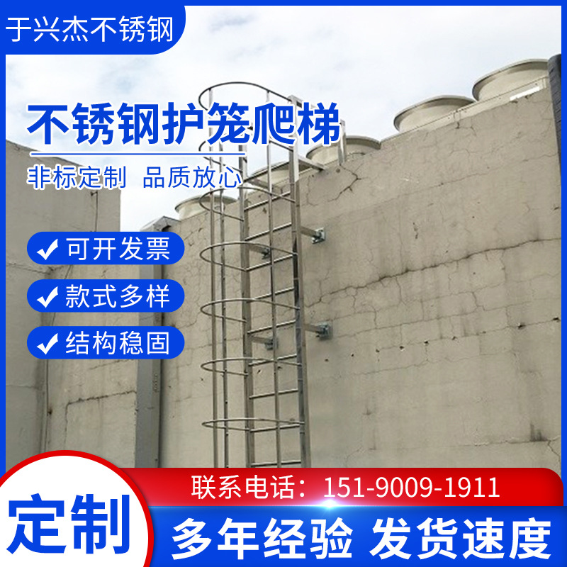 不锈钢护笼爬梯工程用梯不锈钢直梯护笼圈施工安全爬梯 厂家供应