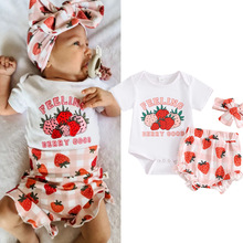 外贸童装一件起批夏季新品婴幼女童草莓印花短袖哈衣短裤发带套装