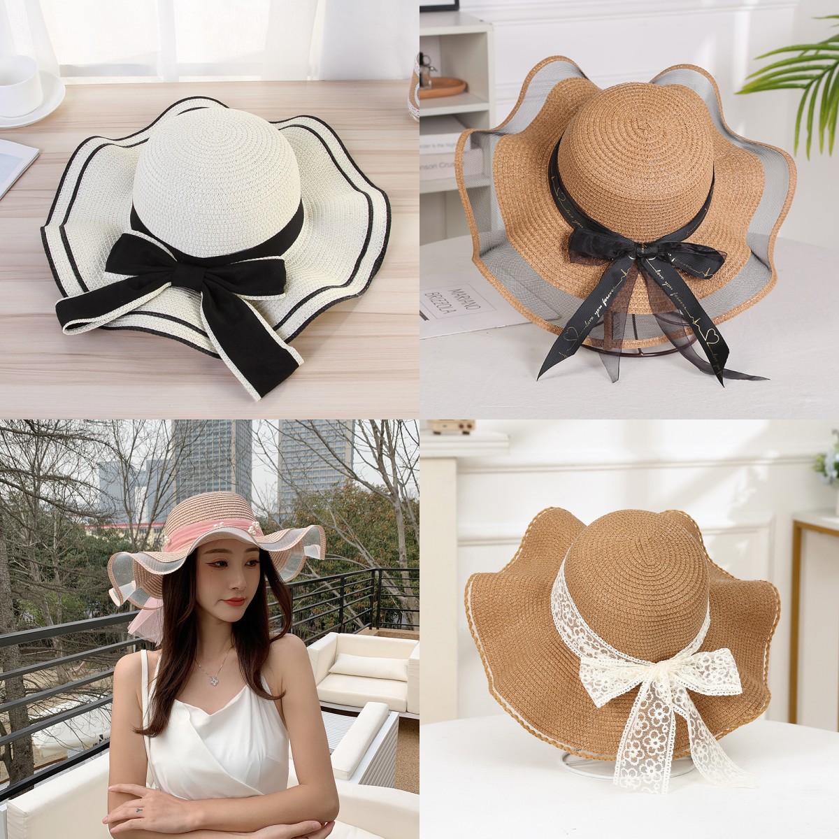 summer bow sunhat women‘s seaside beach vacation sun protection hat outdoor big brim sun hat sweet straw hat