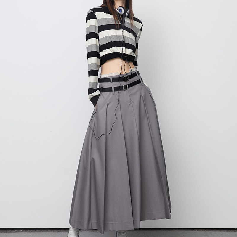 浅灰毛边中低腰双腰头中长百褶裙复古半身裙a字裙设计感高级气质