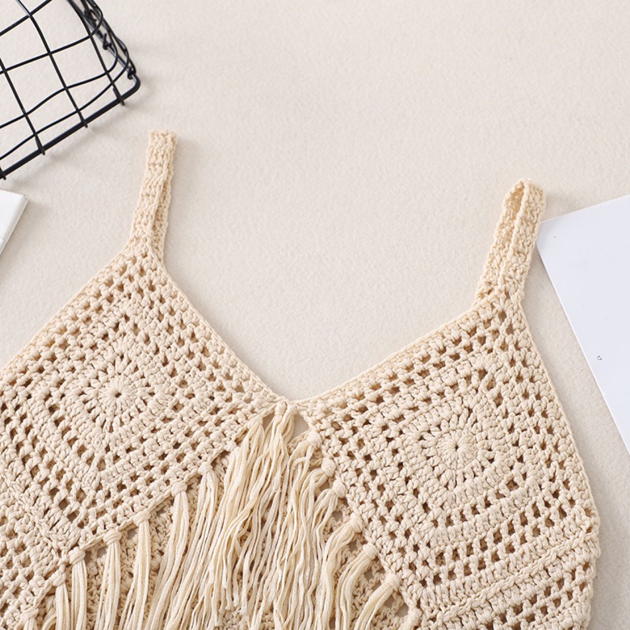 自制民族风吊带纯手工钩织上衣吊带波西米亚流苏云南旅游度假背心