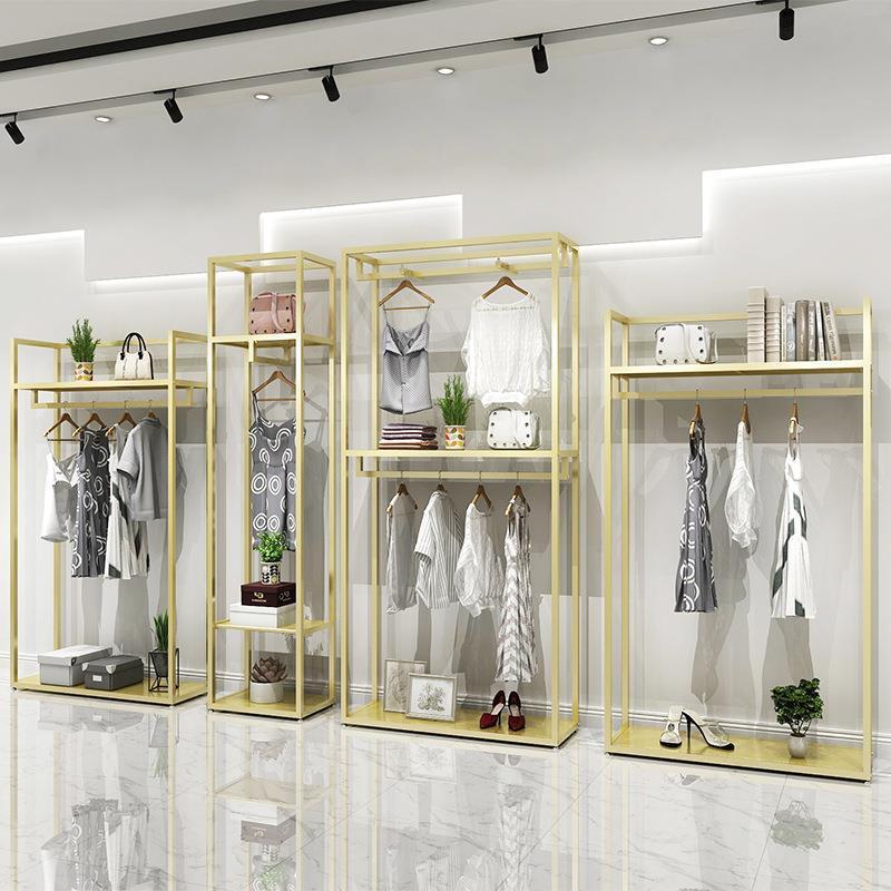 服装店展示架双层高柜挂衣架男女装店侧挂金色中岛陈列挂衣服架子