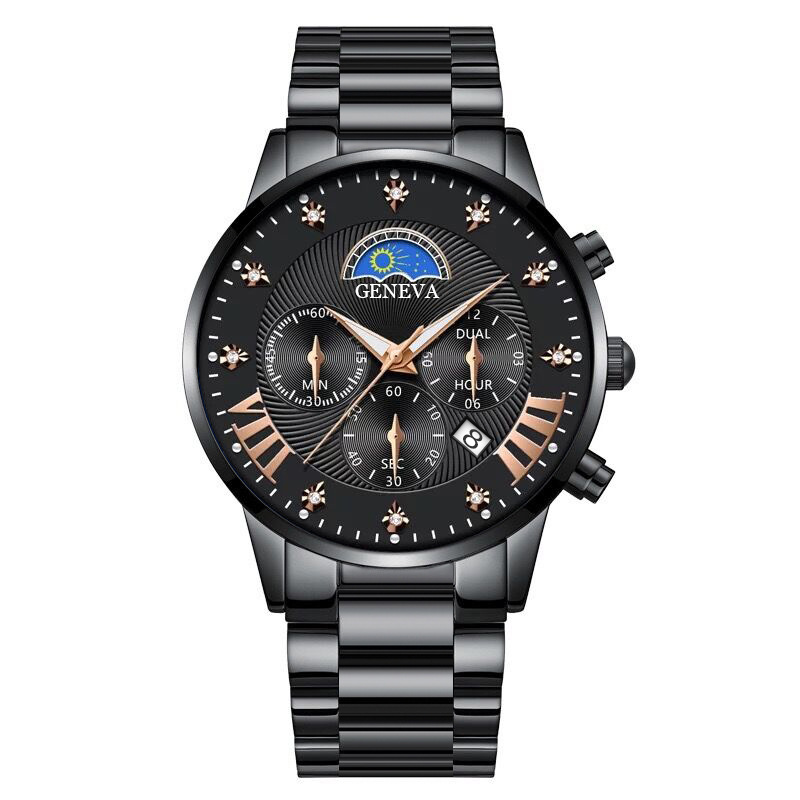 跨境新款镶钻男士钢带手表时尚假三眼日月星辰日历石英腕表男款