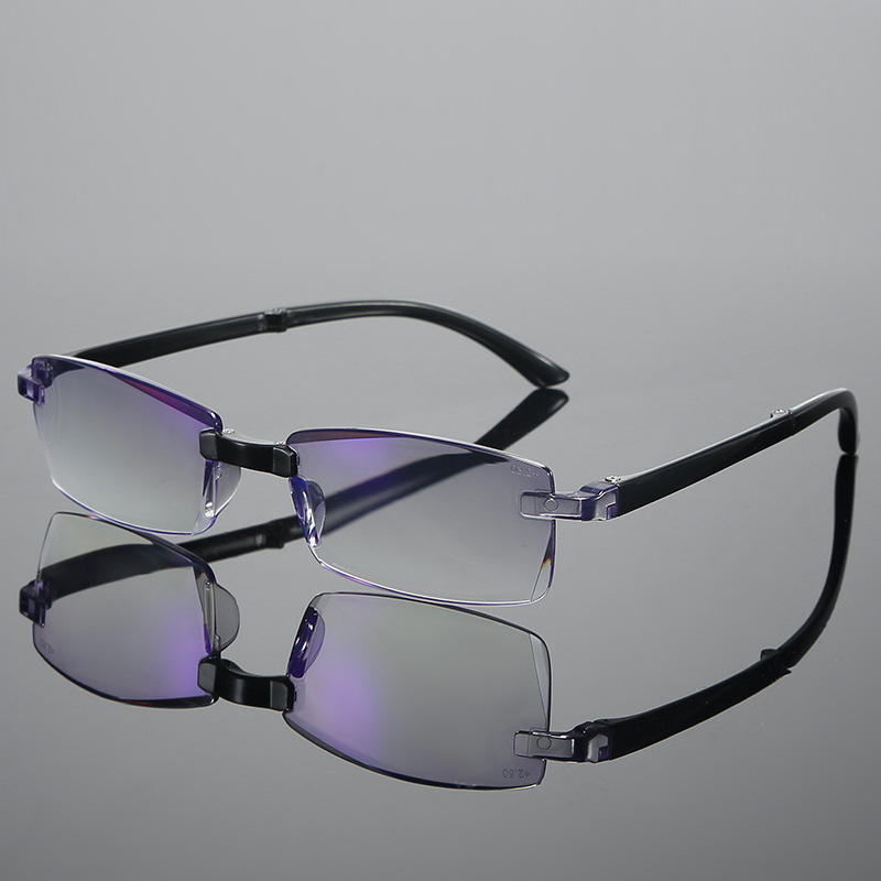 2022 New Frameless Diamond Rimmed Reading Glasses Anti Blue Light Blue Tape One Men Presbyopic Glasses Wholesale Metal