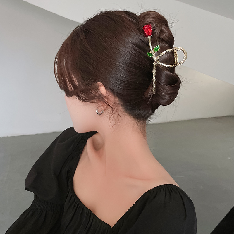 Korean Fashion Rose Flower Barrettes Temperament Grip High Sense Metal Shark Clip Back Head Updo Hair Accessories Female
