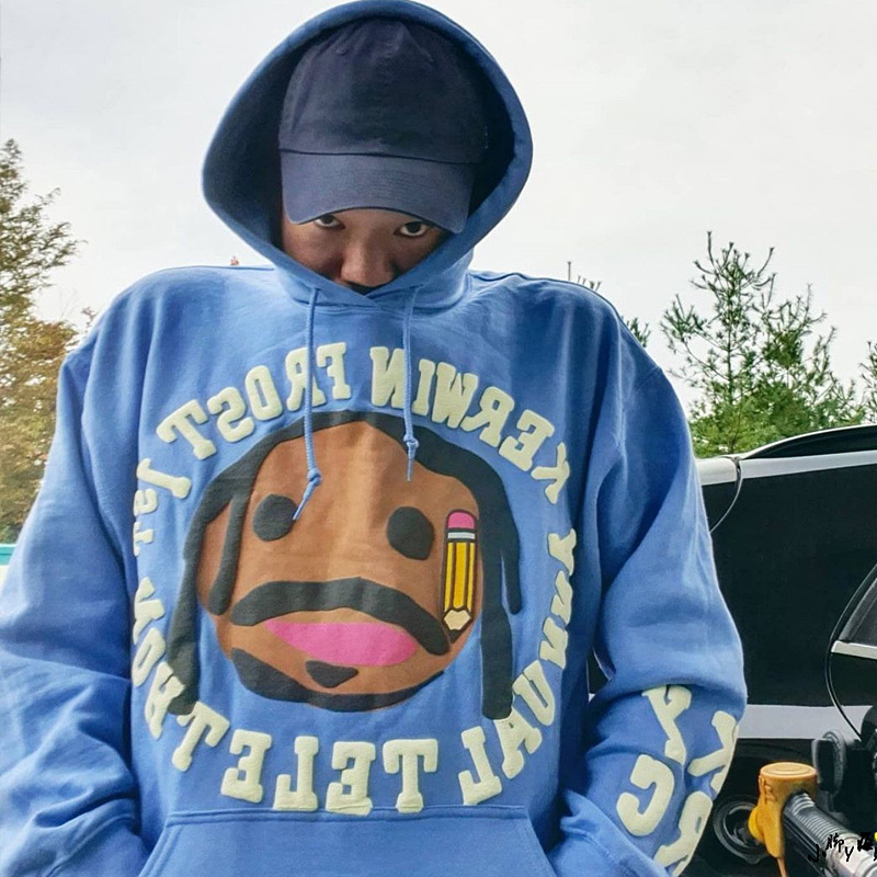 欧美高街潮牌侃爷同款发泡字母印花天蓝色男式情侣款ins卫衣帽衫