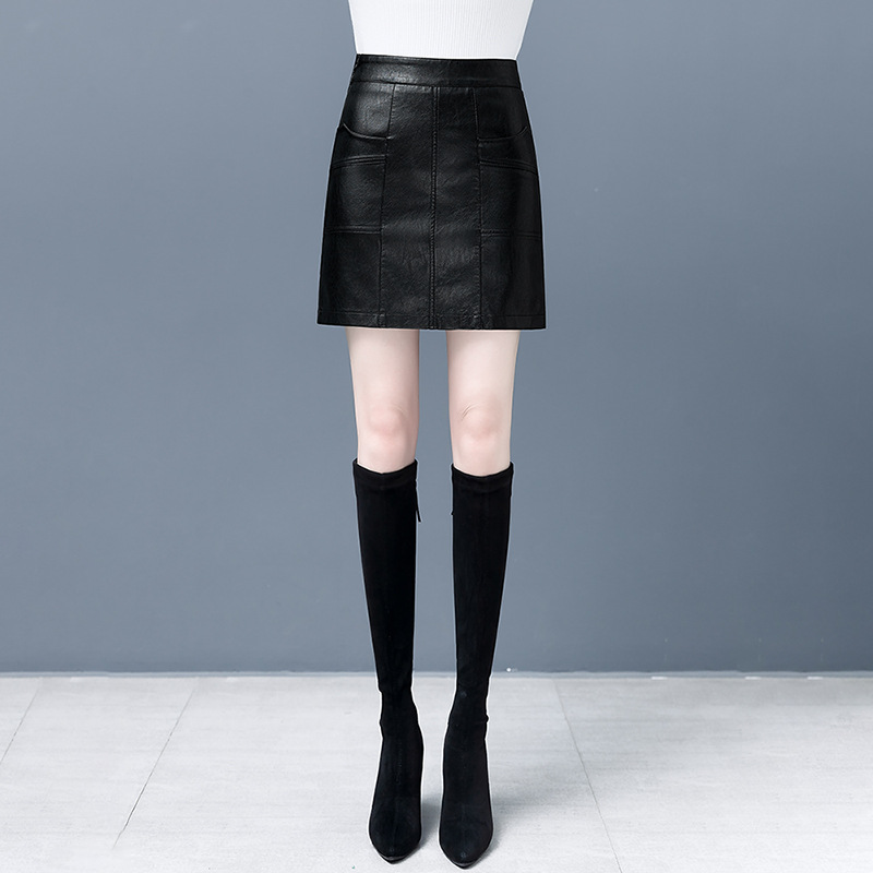 Fall 2023 New High Waist Slimming All-Matching A- line Skirt Small Leather Skirt Korean Style Western Style Youthful-Looking Solid Color Hip Skirt