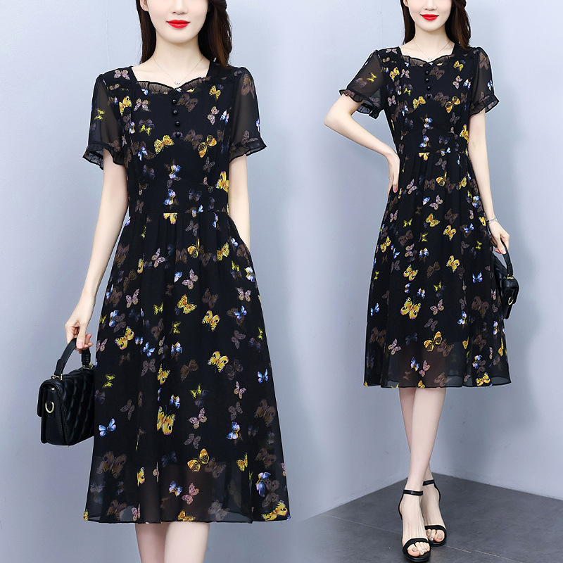 妈妈装黑色碎花气质连衣裙女士收腰显瘦夏季新款大码雪纺短袖裙子