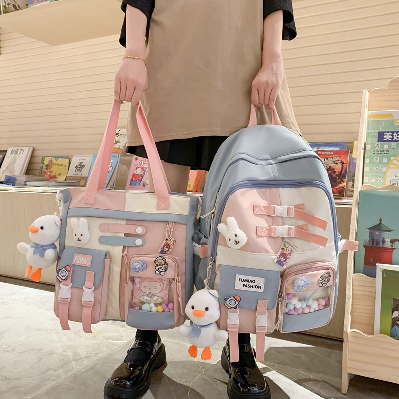 Schoolbag Girl Ins Junior High School Backpack 3 to Grade Five, Grade Six Cute Spliced Elementary School Studebt Backpack Middle School Student