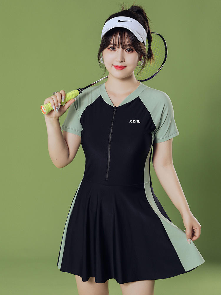 风学生式ins连体泳装温泉mm女斤显保守大短袖遮肚码瘦裙200泳衣胖