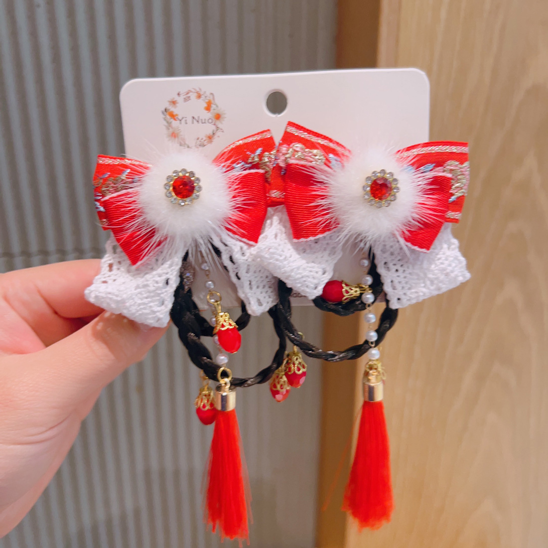 New Year Red Hairpin Girls' Chinese Style Tassel Hairpin Festive Red Bow Side Clip Super Fairy Ancient Style Hair Accessories