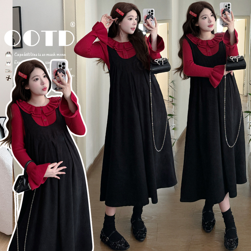 实拍有货 孕妇秋冬装加厚宽松连衣裙+针织上衣套装