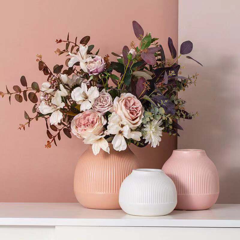 简约粉色组合陶瓷花瓶摆件简约客厅插花花束装饰桌面大口径鲜花器