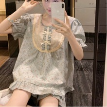 韩国ins女士夏季韩版复古小碎花蕾丝夏季睡衣套装家居服可外穿女