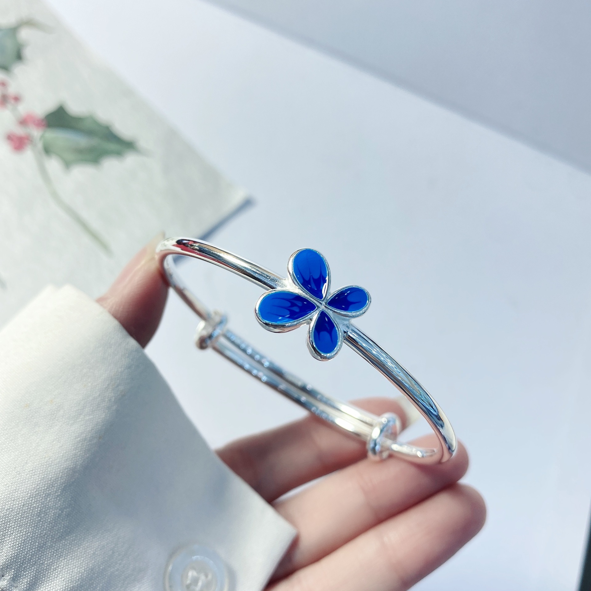 0023足银9999推拉滴油蓝色蝴蝶手镯年轻款实心小众纯银镯重约22g