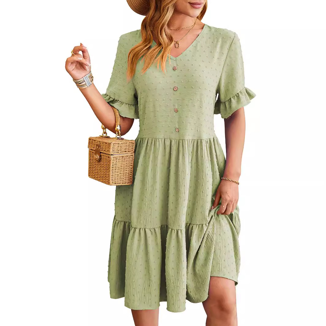 Cross-Border European and American Women's Clothing 2024 Amazon Spring/Summer New V-neck Jacquard Waist-Tight Five-Quarter Sleeve Pleated Dress