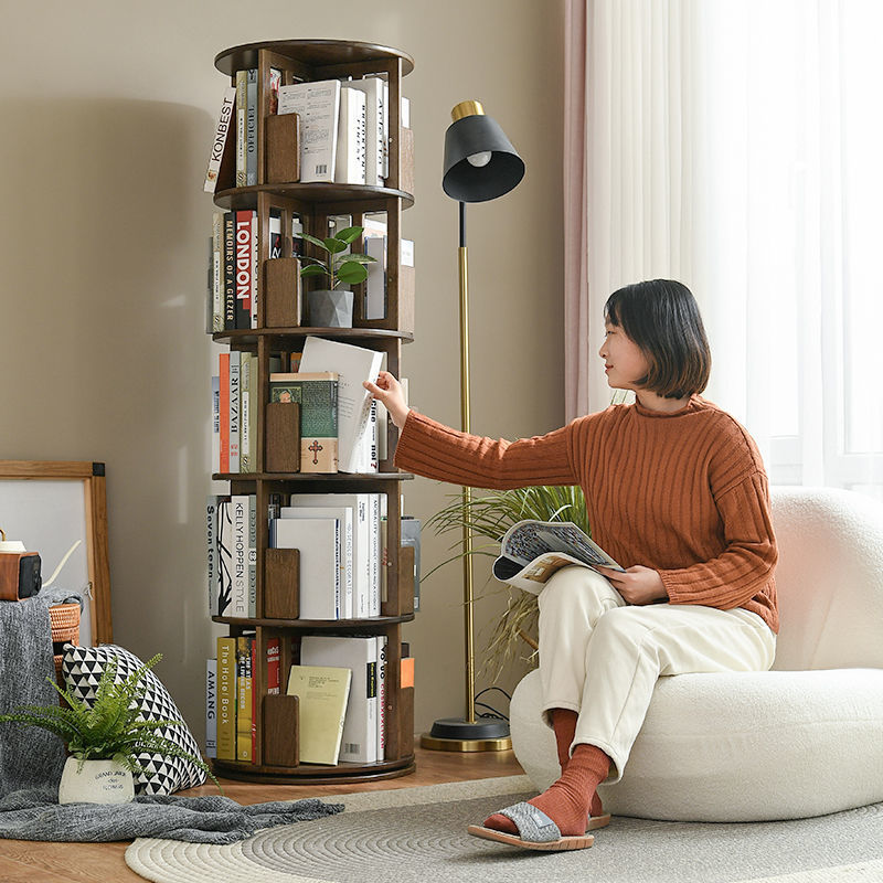 实木旋转书架圆形360度收纳架落地多层置物架家用客厅省空间书柜