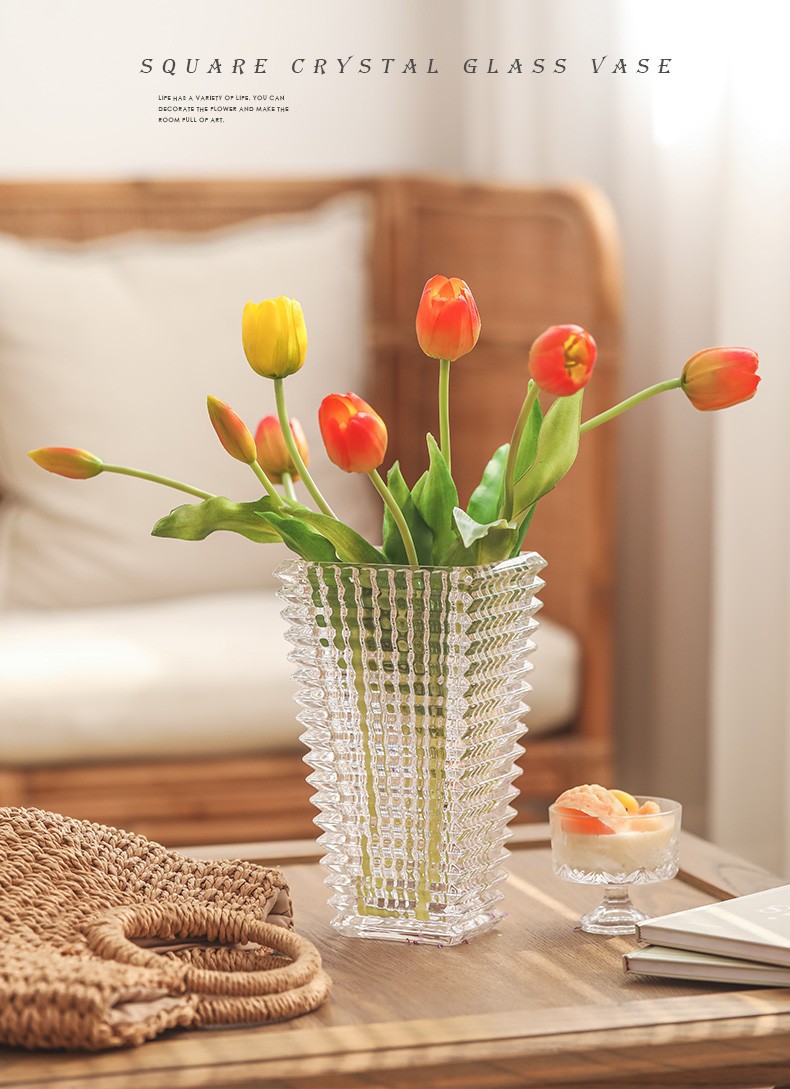 方形水晶插鲜花餐桌玻璃花瓶透明插花水养客厅简约创意设计感花器