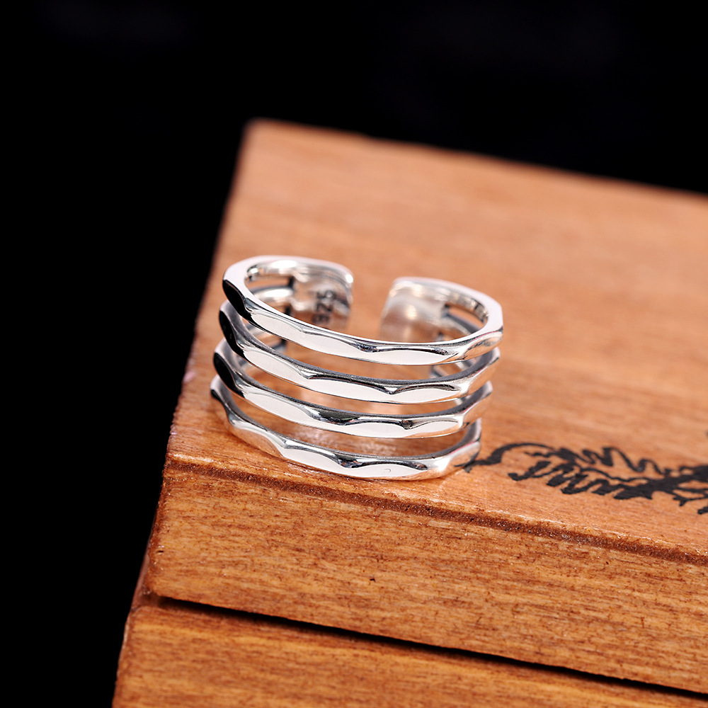 人品银品 s925银雕刻几何开口戒指 时尚潮流女式戒指 源头工厂