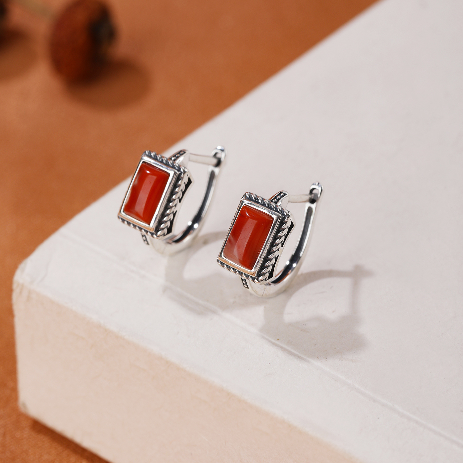 Natural Nine-Mouth Material South Red Ear Pin Ear Clip Crystal Rectangular Earrings S925 Silver Inlay Earrings New Chinese Style Earrings