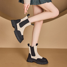 厚底短靴女2023年新款冬季英伦风马丁靴拼色圆头增高烟筒切尔西靴