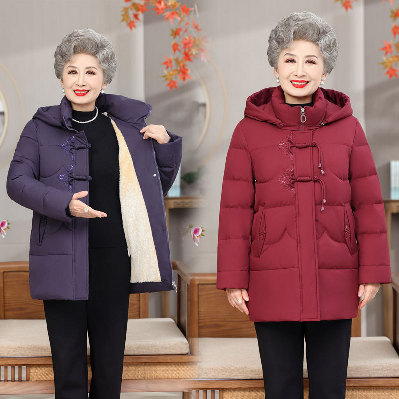 中老年人冬装女连帽棉衣妈妈加绒加厚保暖防寒棉服奶奶羊羔绒棉袄