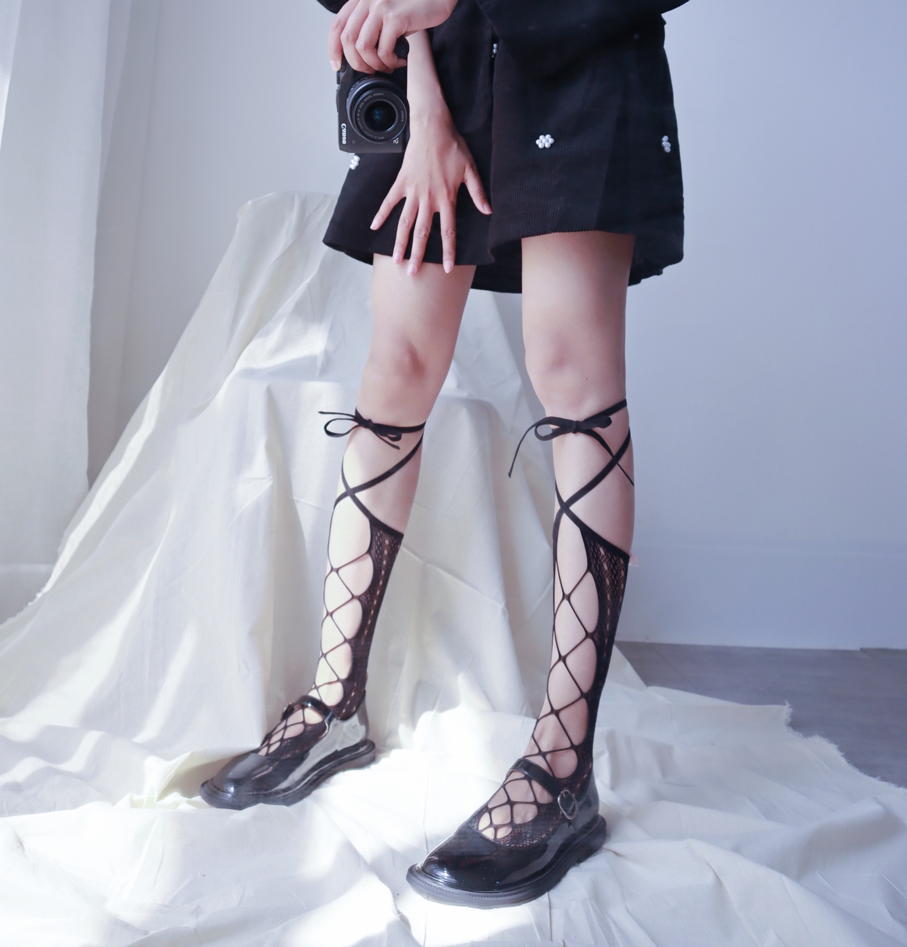 春夏新品shuiii同款小众镂空绑带高弹力蕾丝短袜潮ins小腿网袜女