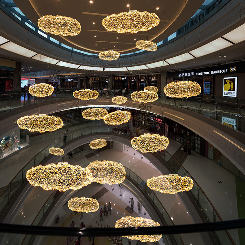 铁网状云朵吊饰灯酒店晚会商场中庭吊线灯 金色圆圈环形餐厅吊灯
