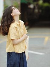 短袖韩系衬衫女夏季薄款娃娃衫衬衣格子黄色宽松小众上衣日系复古