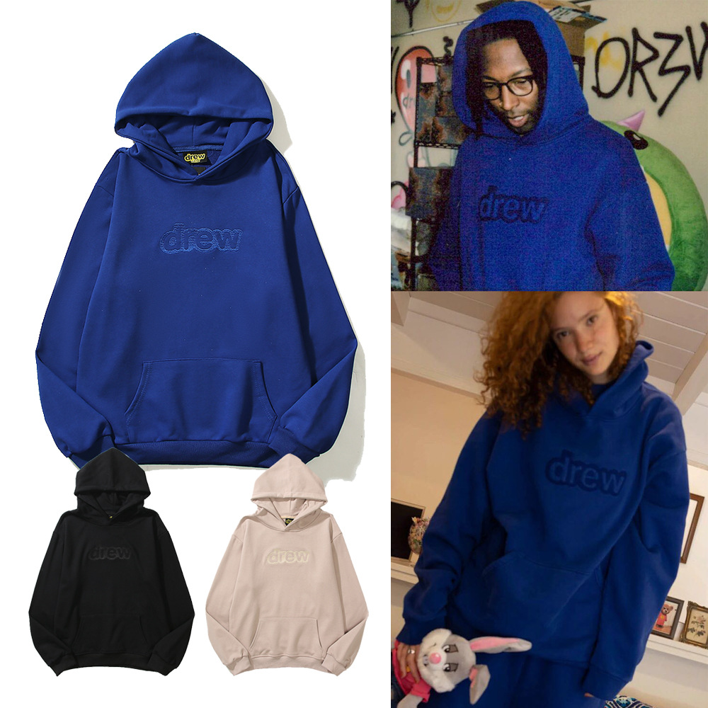 跨境外贸 drew刺绣字母连帽卫衣男欧美嘻哈街头笑脸帽衫外套女潮