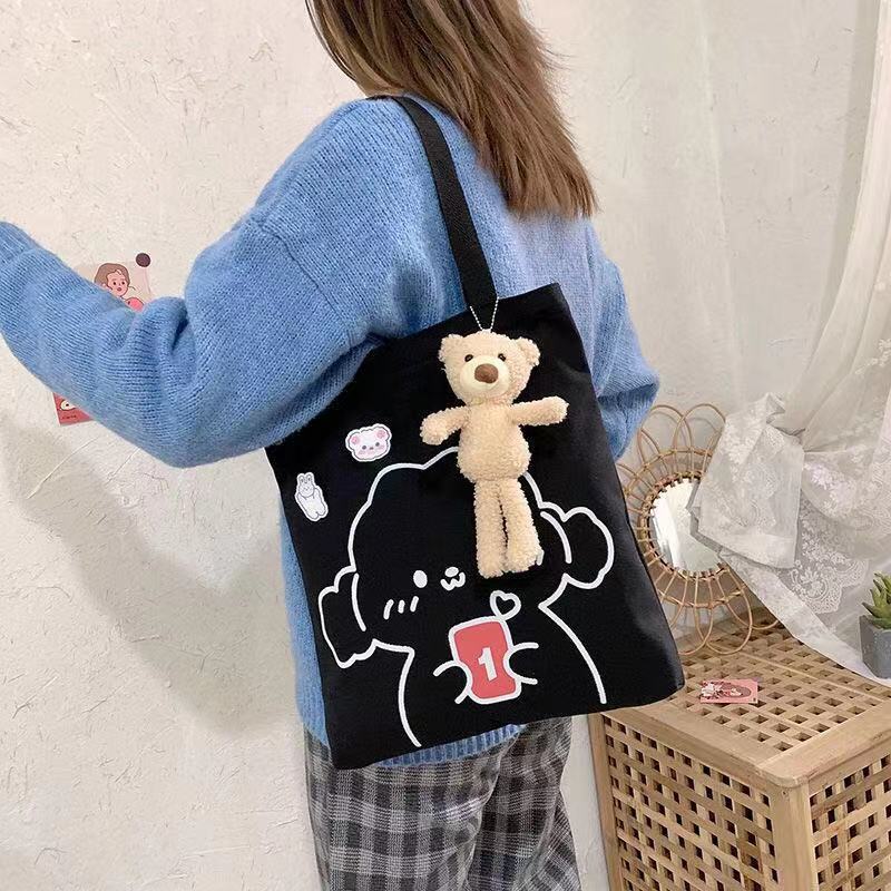 Korean Ins Large Capacity Canvas Bag Female Student Handbag for Class College Style All-Match and Cute Little Bear Shoulder Bag