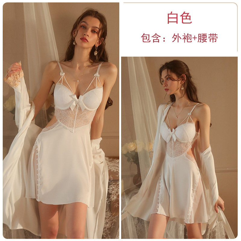 DZ Ruoruo Sexy Underwear Backless Ice Silk with Chest Pad Steel Ring Push up Sling Nightdress Outerwear Gown Loungewear Suit 2044