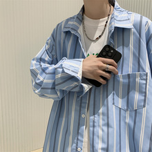 日系条纹长袖衬衫男秋季新款港风休闲拼色宽松学生个性衬衣薄外套